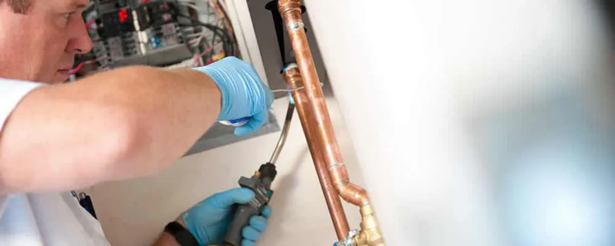 Water heater repair technician testing copper pipe connections and controls in Seattle, WA